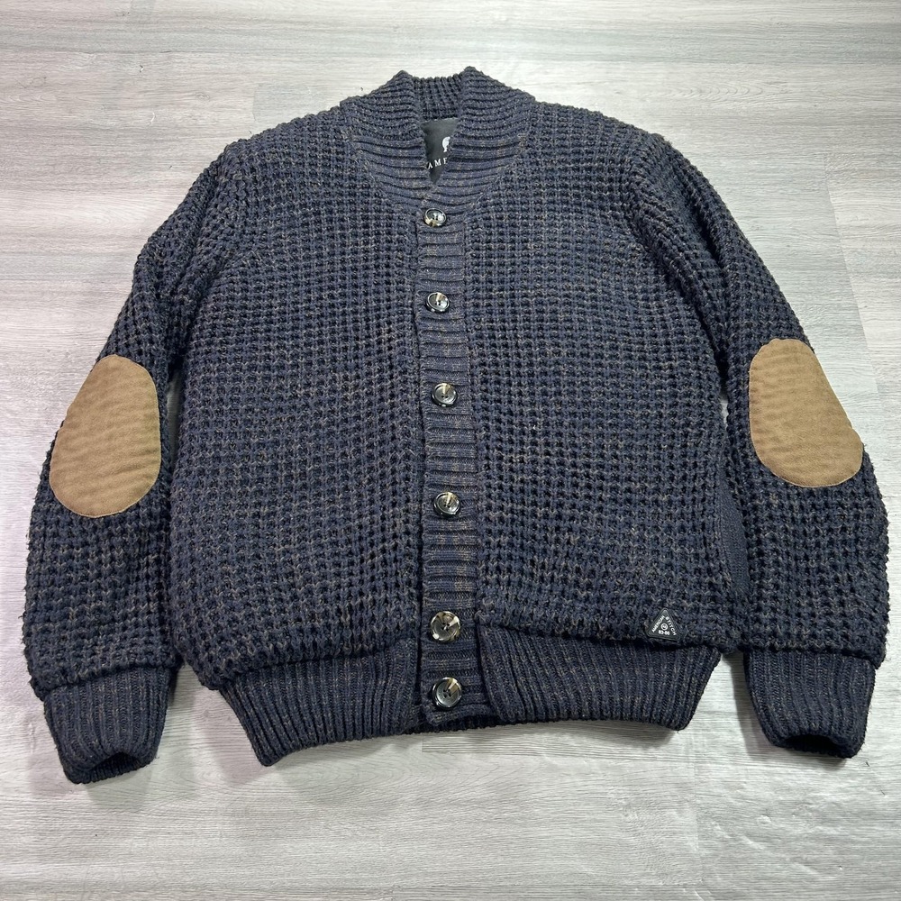 American Stitch Cardigan Sweater Mens Medium Blue Quilted Lined Elbow Patch Knit
